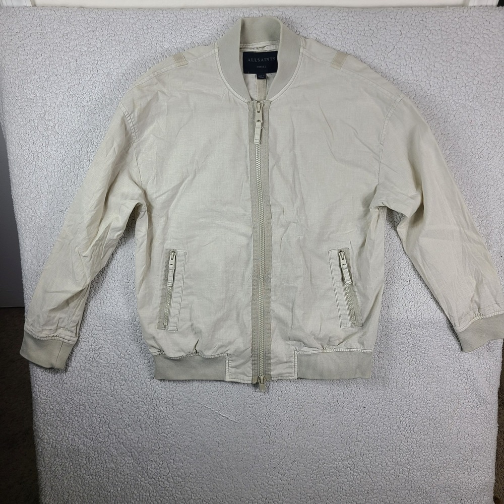 AllSaints Mens Small Linen Blend Bomber Jacket Sand Beige Full Zip Lightweight